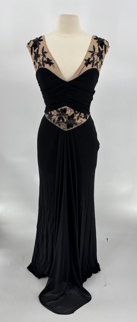Cache Y2K 90s Dress Womens 4 Black Mesh Beaded Backless Floral Train Sleeveless